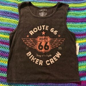 Awake Black Copper Distressed Route 66 Biker Crew Tank Top Crop Top Womens Large